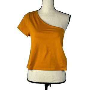 Bar III Medium Cropped Top One-Shoulder Cap Sleeve Stretch Dark Yellow